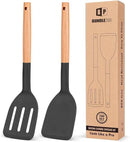 Pack of 2 Silicone Cooking Spatula, Heat Resistant Solid Turner, Non Stick Slotted Spatulas with Wooden Short Handle,Ideal Wood Kitchen Utensils Set for Frying, Baking, Flipping, Turning by CozyNest Decor
