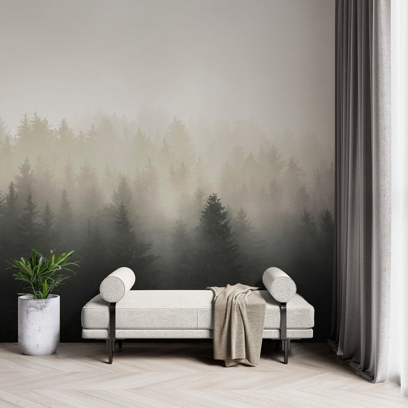 Misty Pine Forest Wall Mural. Peaceful Foggy Morning Scenery.