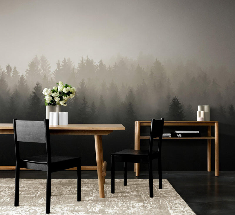 Misty Pine Forest Wall Mural. Peaceful Foggy Morning Scenery.