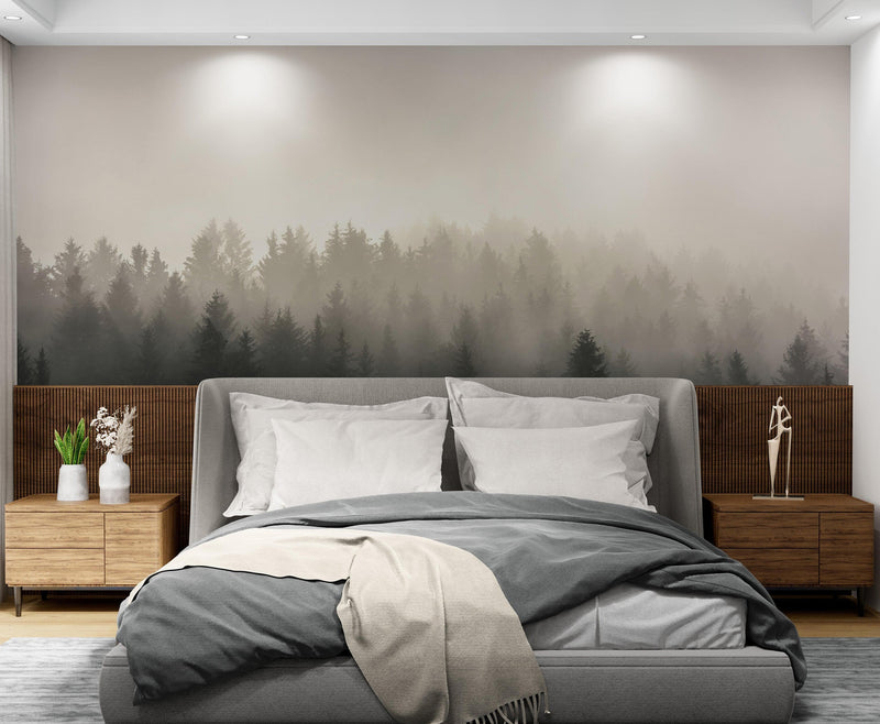 Misty Pine Forest Wall Mural. Peaceful Foggy Morning Scenery.