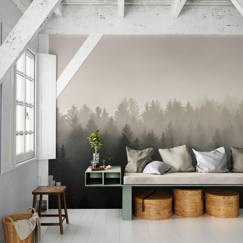 Misty Pine Forest Wall Mural. Peaceful Foggy Morning Scenery.