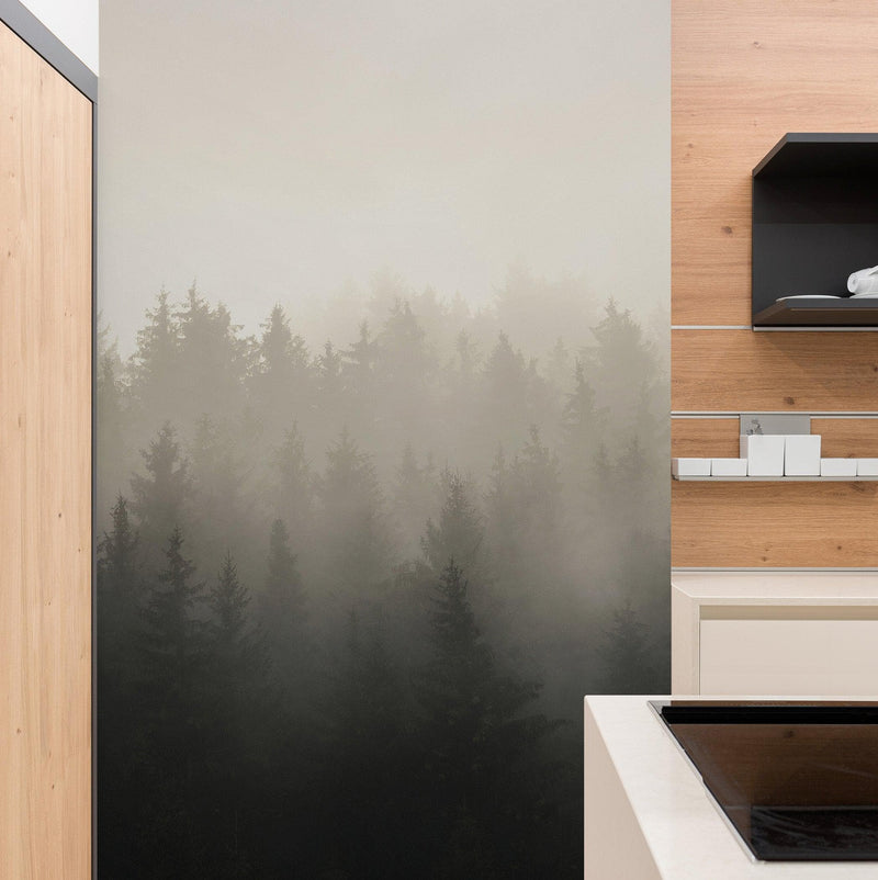 Misty Pine Forest Wall Mural. Peaceful Foggy Morning Scenery.