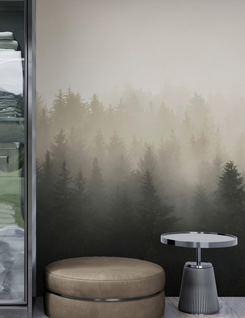 Misty Pine Forest Wall Mural. Peaceful Foggy Morning Scenery.