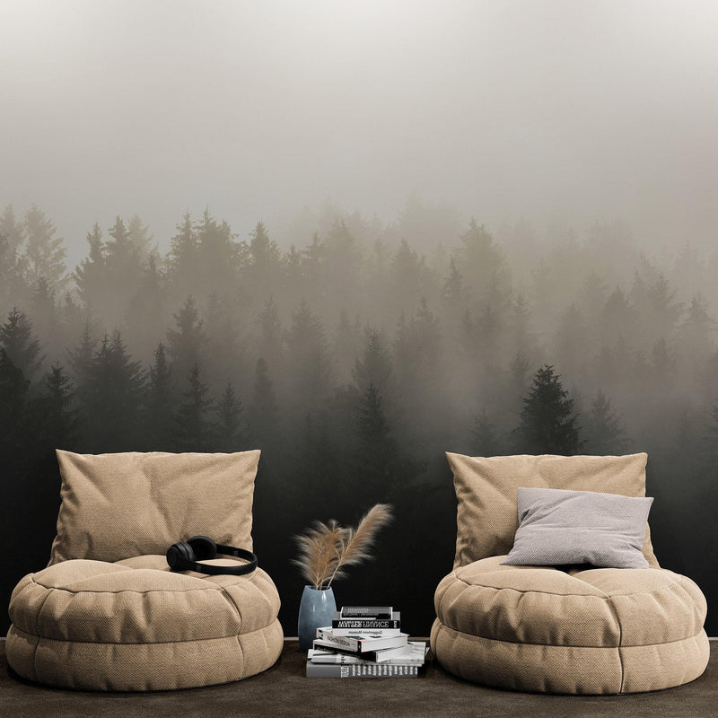 Misty Pine Forest Wall Mural. Peaceful Foggy Morning Scenery.