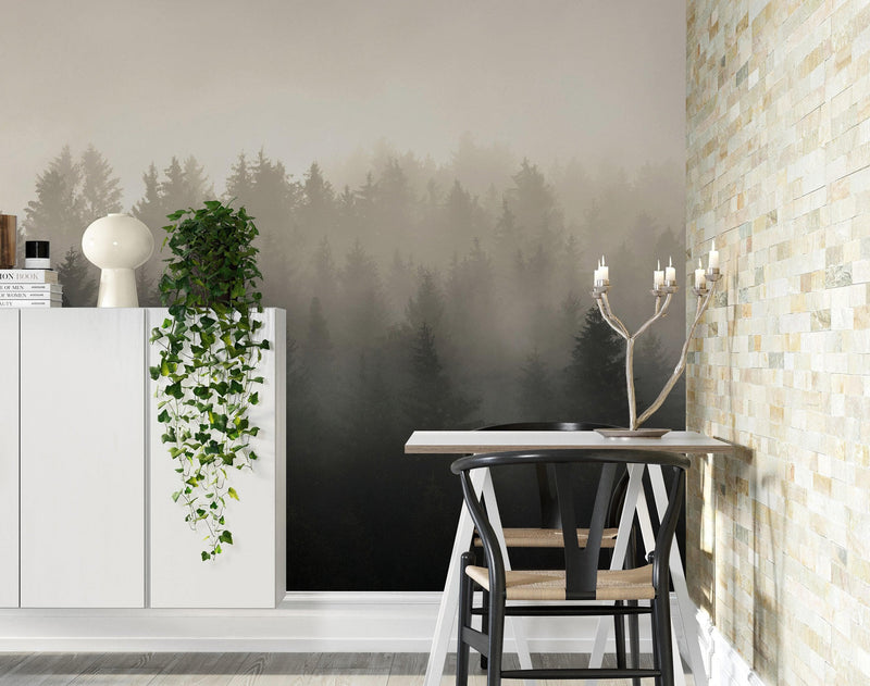 Misty Pine Forest Wall Mural. Peaceful Foggy Morning Scenery.