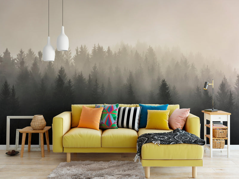 Misty Pine Forest Wall Mural. Peaceful Foggy Morning Scenery.