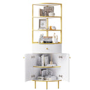 74.8" Tall Modern Corner Bookshelf,Fan-Shaped bookcase with 1 Drawer and 2 Doors, Wooden Standing Corner Shelf with Gold Metal Frame for Living Room,Home Office,White