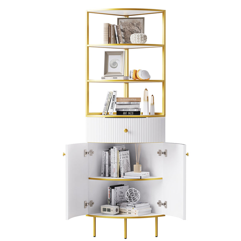 74.8" Tall Modern Corner Bookshelf,Fan-Shaped bookcase with 1 Drawer and 2 Doors, Wooden Standing Corner Shelf with Gold Metal Frame for Living Room,Home Office,White