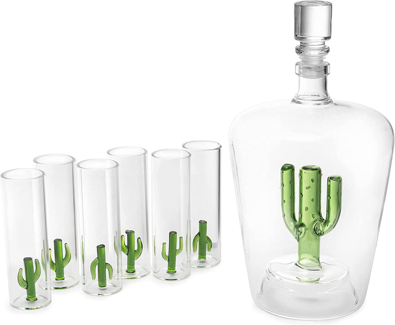 Tequila Decanter Set with Cactus Decanter and 6 Cactus Shot Glasses Set, Perfect for Holiday Gifts for Tequila Lovers, 25 Ounce Bottle, 3 Ounce Shot Glasses Cinco De Mayo, Reposado Gift (Cactus)