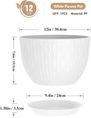 12 Inch Large Plant Pots for Indoor or Outdoor Plants, Wide Water Ripples Flower Pots with Drainage Holes & Saucer, Plastic Planters Set for Garden & Home Decor (White) by GreenHaven Gardens