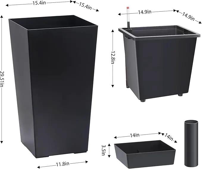 30" Tall Planters Set of 2, Outdoor＆Indoor Black Planter Pots, High Front Porch Planter Pots with Drainage Holes＆Water Level Monitor Movable Wheels ＆Inner Bucket, Automatic Watering,Black, photo 5 of 6