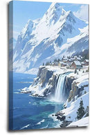 Winter lakeside town and snowy scenery merge together to form a landscape poster wall art suitable for living room bedroom and office by CozyNest Decor