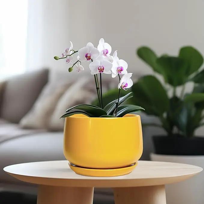 G EPGardening Ceramic Pots for Plants - 7 Inch Plant Pot with Drainage Hole and Saucer, Modern Ceramic Planter for Indoor Outdoor, Round Flower Planter, Gifts for Plants Lovers, Home Decor, Yellow, photo 2 of 8