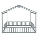 Double Twin House-Style Floor Bed with Fence, Guardrails, without door, Grey(Old Sku:W504P143316)