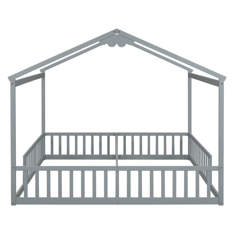 Double Twin House-Style Floor Bed with Fence, Guardrails, without door, Grey(Old Sku:W504P143316)