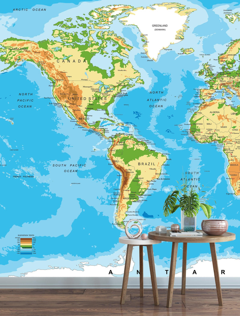 Large Blue World Map Wall Mural.