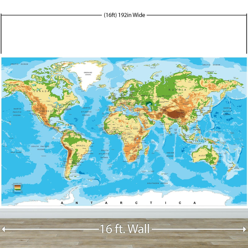 Large Blue World Map Wall Mural.