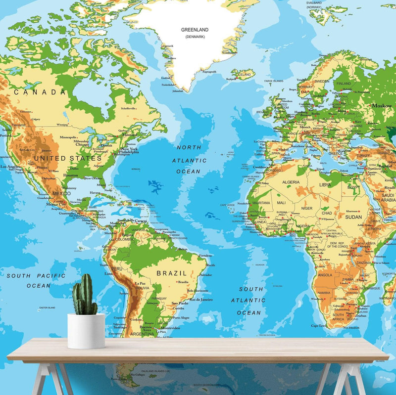 Large Blue World Map Wall Mural.