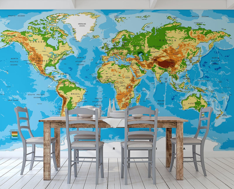 Large Blue World Map Wall Mural.