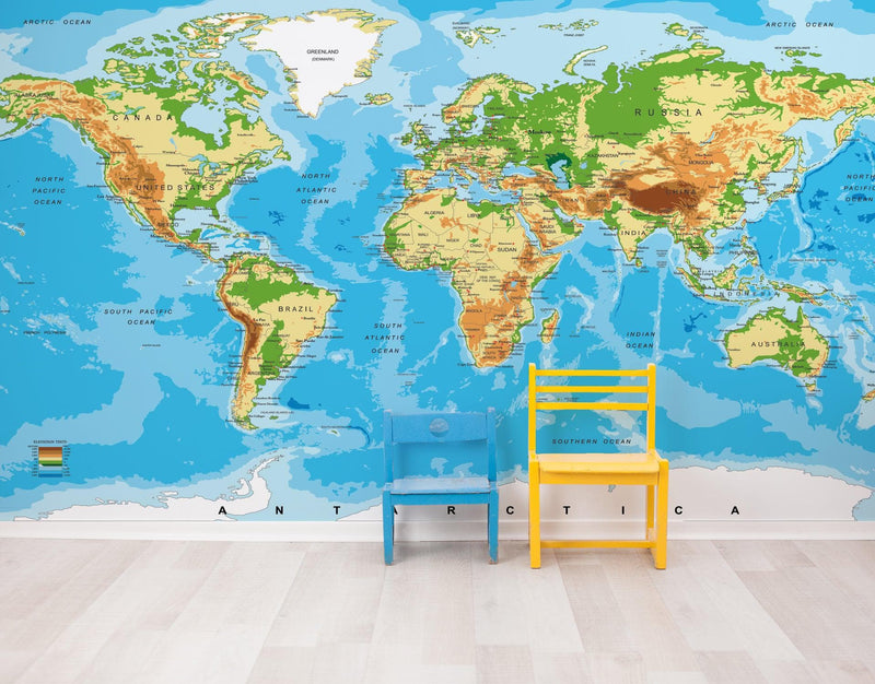 Large Blue World Map Wall Mural.