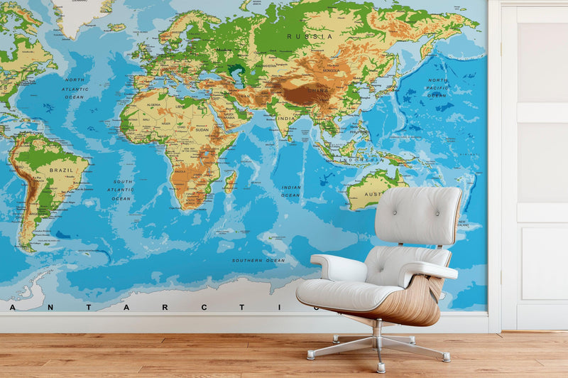 Large Blue World Map Wall Mural.