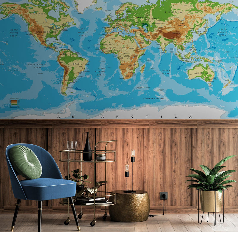 Large Blue World Map Wall Mural.