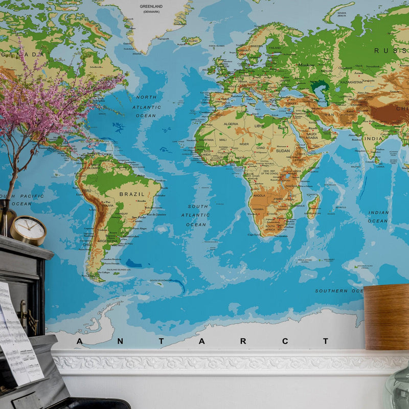 Large Blue World Map Wall Mural.