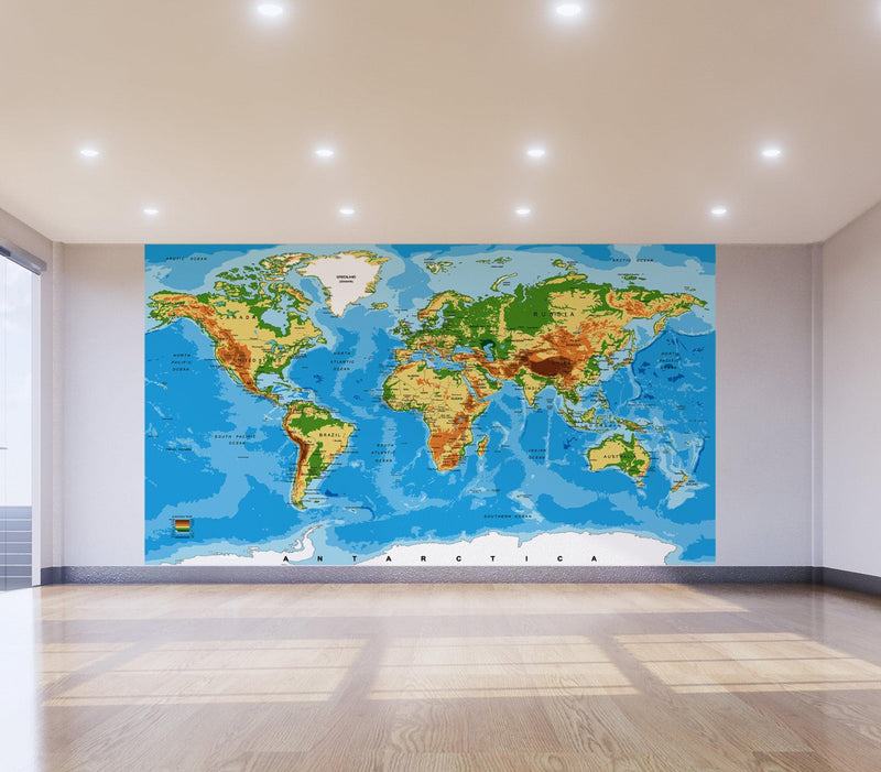 Large Blue World Map Wall Mural.