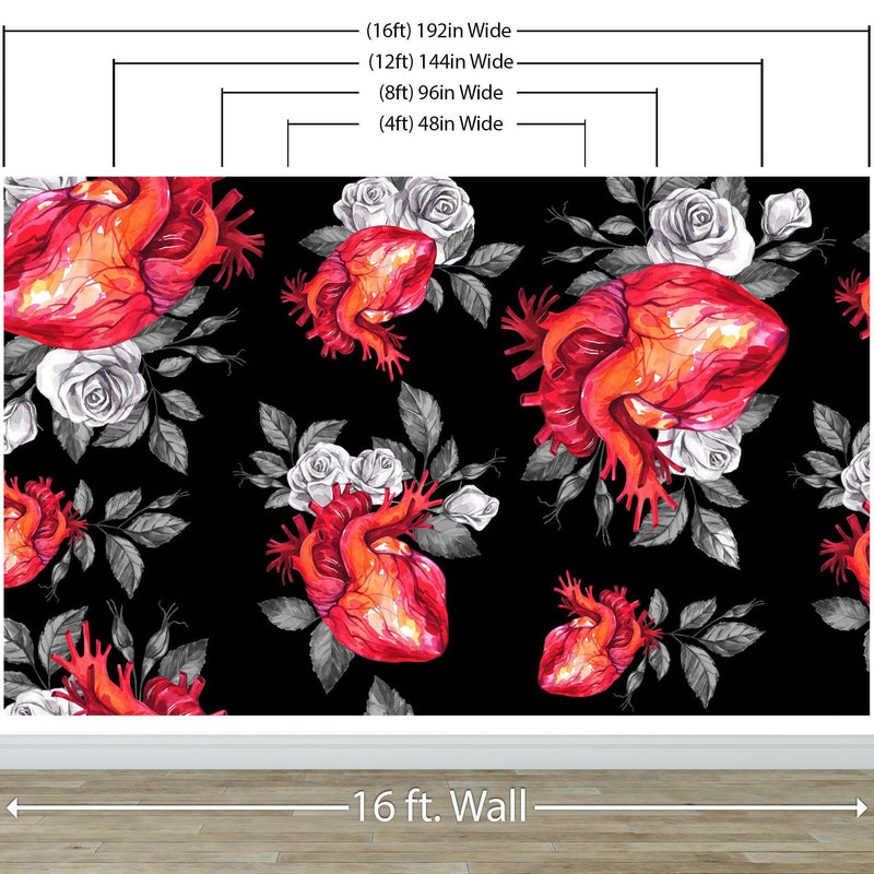 Valentines Hearts and Roses Watercolor Pattern Wall Mural. Black background.