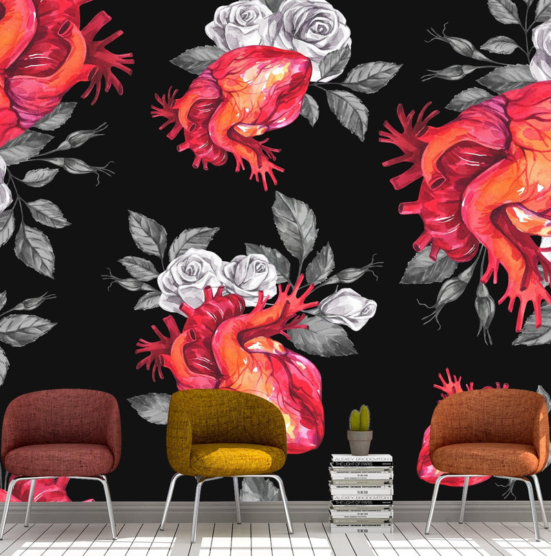 Valentines Hearts and Roses Watercolor Pattern Wall Mural. Black background.