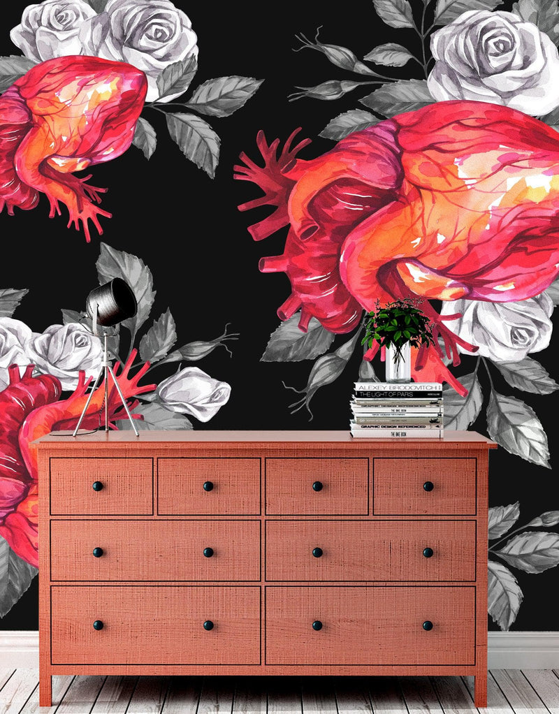 Valentines Hearts and Roses Watercolor Pattern Wall Mural. Black background.