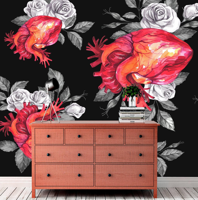 Valentines Hearts and Roses Watercolor Pattern Wall Mural. Black background.