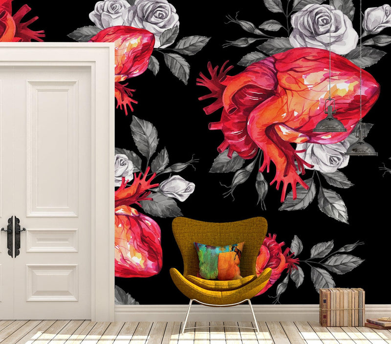 Valentines Hearts and Roses Watercolor Pattern Wall Mural. Black background.