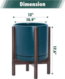 D'vine Dev Ceramic Planter with Walnut Color Stand - 12 Inch Modern Round Flower Pot with Wood Planter Holder, Teal, 55-B-W-4 by CozyNest Decor