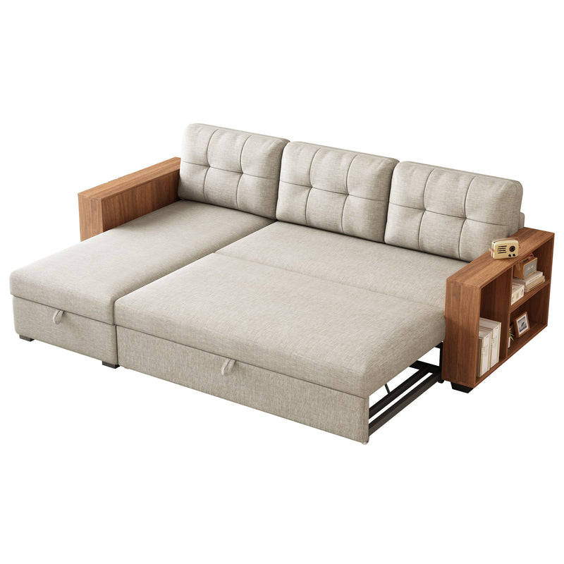 Walker Edison | Linen Pull Out Sectional Sofa with Storage Chaise