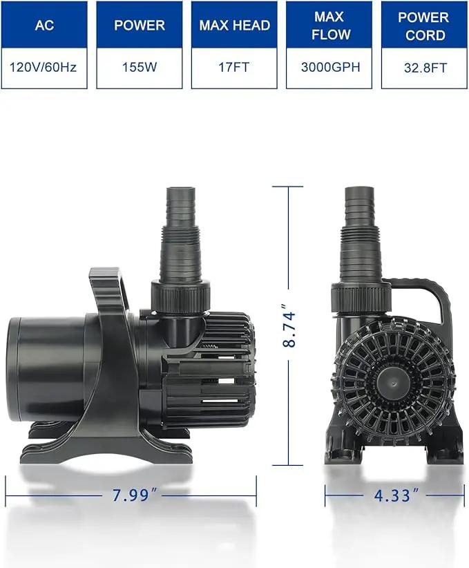 Outdoor 3000gph-155W 32.8FT Pond Water-fall & Kio Fish Fountain-s &Garden Pump Submersible IPX8: Long 32.8FT Cord Smart-er & Quieter Duck & Yard Ponds Pumps, 1 Barrier Pump Bag, photo 6 of 9