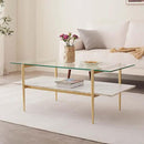 Rectangle Coffee Table for Living Room, Mid-Century Modern Design, L41 x W21 x H17, 2-Tier Structure, Clear Glass Top and White Marble Finish Wood Shelf, Conical Legs with Gold Finish by CozyNest Decor