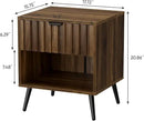 Smuxee Walnut Wooden Night Stand, Mid Century Nightstand with Fluted Drawer, Bedside Table with Open Shelf, Modern End Side Table for Bedroom by CozyNest Decor
