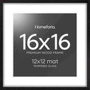 Homeforia 16x16 Black Wood Frame, High End Oak 16 x 16 Square Picture Frames with Mat 12 by 12 inches Photo, 16by16 Black Wooden Poster Frames Matted to 12x12 Print, Tempered Glass, Wall Kit, Set of 1 by CozyNest Decor