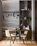 Misty Lake View Boat on Pier Black and White Mural Wall Decal Sticker