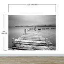 Misty Lake View Boat on Pier Black and White Mural Wall Decal Sticker