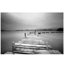 Misty Lake View Boat on Pier Black and White Mural Wall Decal Sticker