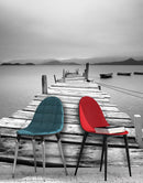 Misty Lake View Boat on Pier Black and White Mural Wall Decal Sticker