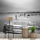 Misty Lake View Boat on Pier Black and White Mural Wall Decal Sticker