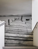 Misty Lake View Boat on Pier Black and White Mural Wall Decal Sticker