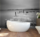 Misty Lake View Boat on Pier Black and White Mural Wall Decal Sticker