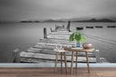 Misty Lake View Boat on Pier Black and White Mural Wall Decal Sticker