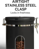 Veken Large Coffee Canister with Window, Rice Kitchen Food Storage Airtight Stainless Steel Container with Lids, Date Tracker and Scoop, Grounds, Beans, Tea, Flour, Cereal, Sugar Jars, 38oz, Black by CozyNest Decor