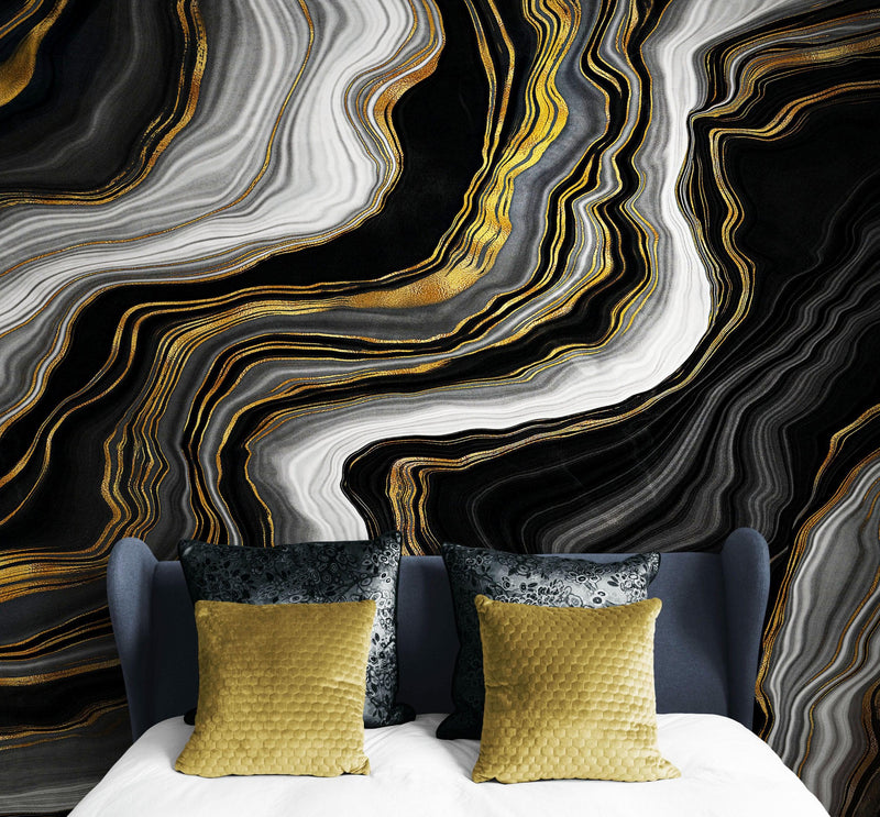 Black and Gold Abstract Marble Stone Pattern Peel and Stick Wallpaper.