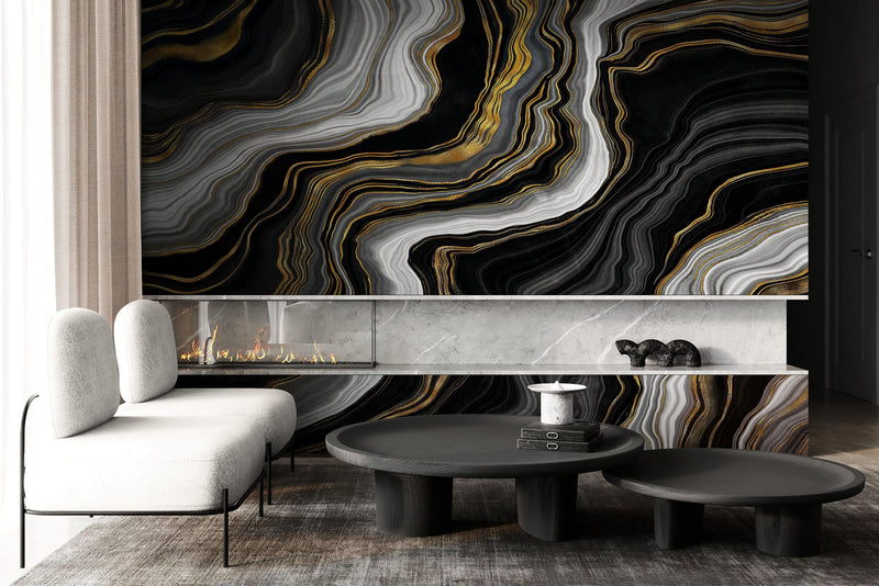 Black and Gold Abstract Marble Stone Pattern Peel and Stick Wallpaper.